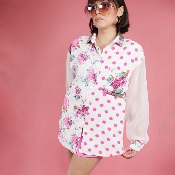 Vintage 80's Erica Simmone Sheer Sleeves Pink and White Button Down - Picture 2 of 7